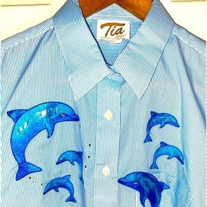 Vintage Dolphin Blue and White Striped Button Down Shirt, Women’s Size L, VTG